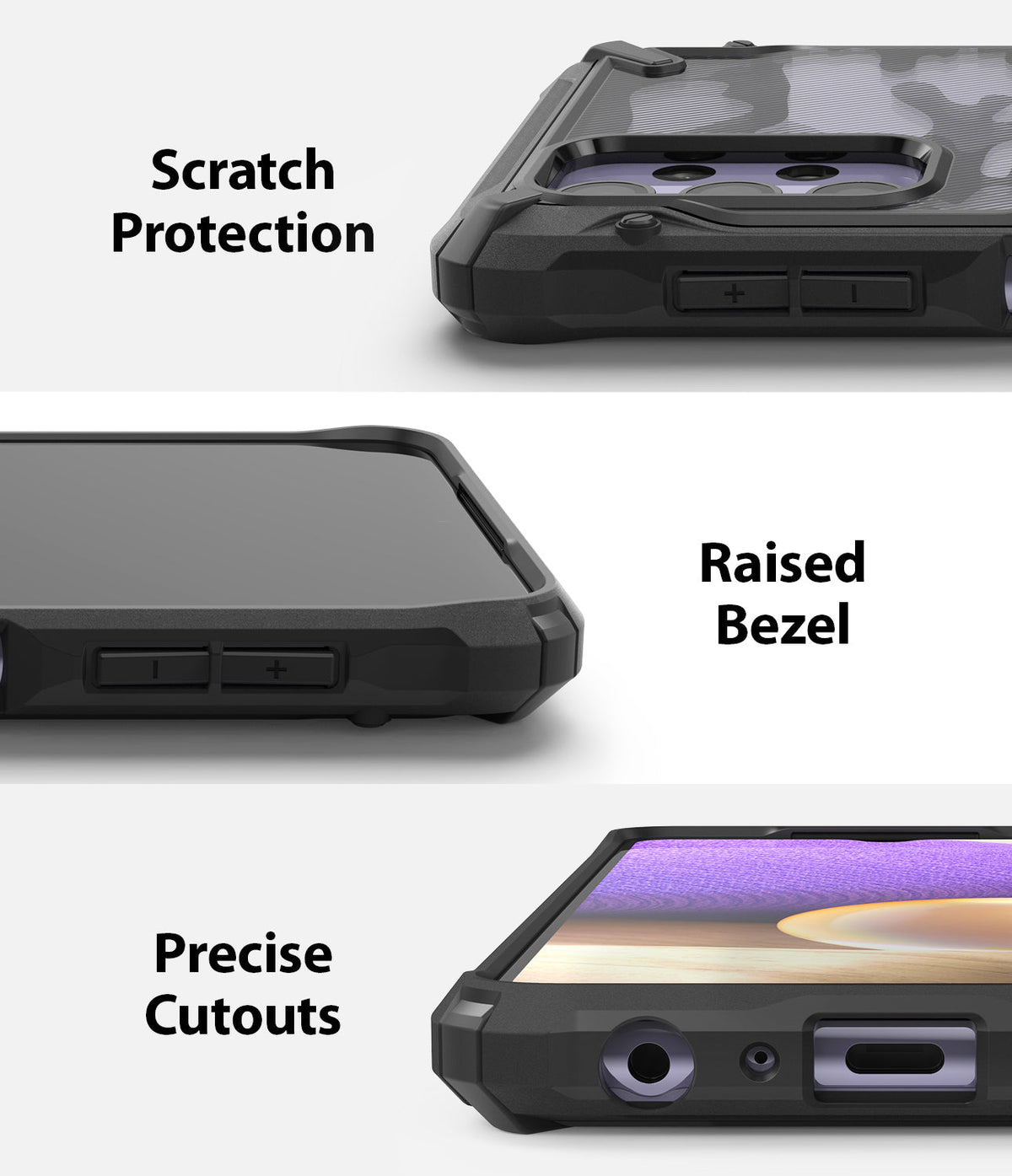 Galaxy A32 5G Case | Fusion-X - Three close-up views showing scratch protection, raised bezels, and precise port cutouts.