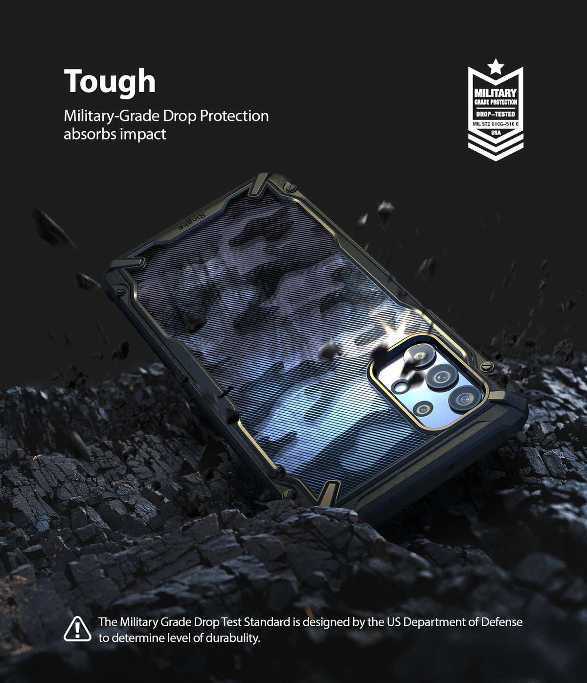 Galaxy A32 5G Case | Fusion-X - Camouflage phone case on dark, rocky ground with military-grade drop protection badge.