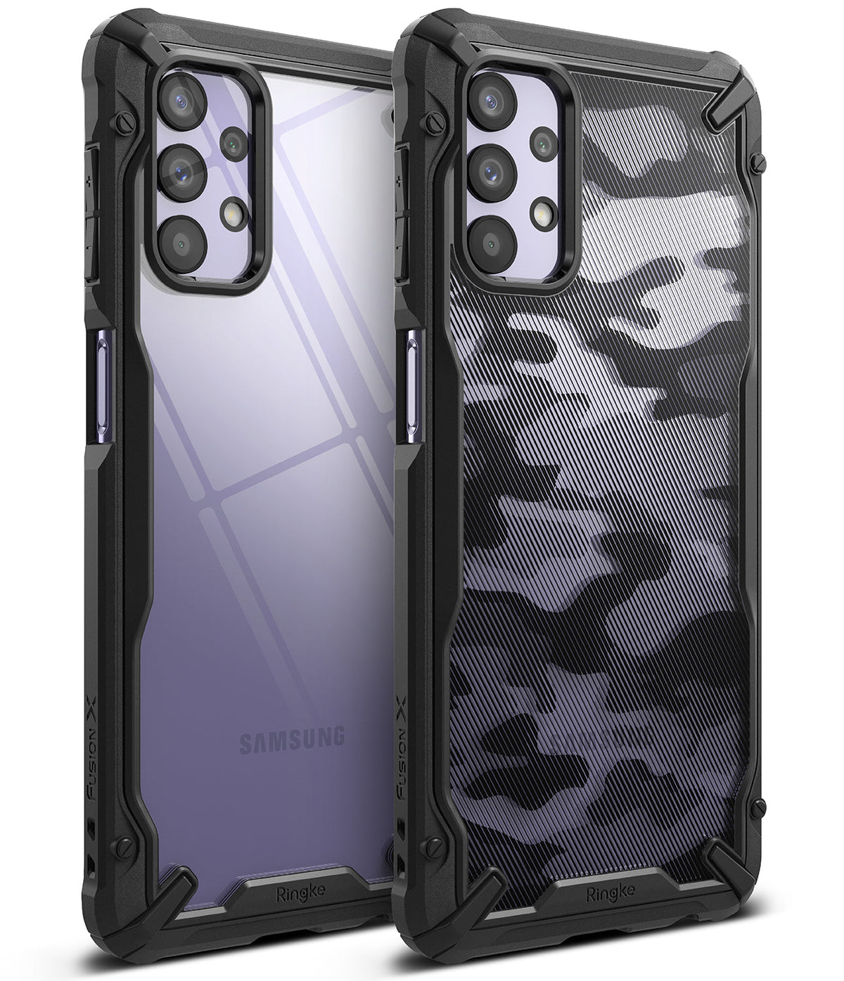 Galaxy A32 5G Case | Fusion-X - Two rugged black phone cases, one clear and one with a black camo pattern, side-by-side.