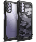 Galaxy A32 5G Case | Fusion-X - Two rugged black phone cases, one clear and one with a black camo pattern, side-by-side.