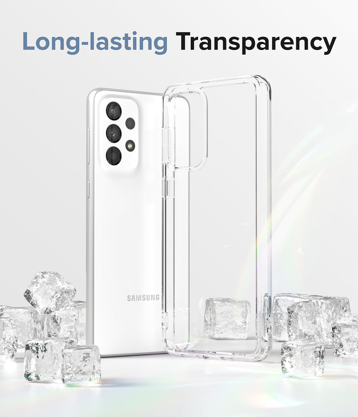 Galaxy A33 5G Case | Fusion - Clear phone case next to a white Samsung phone surrounded by ice cubes on a white surface.