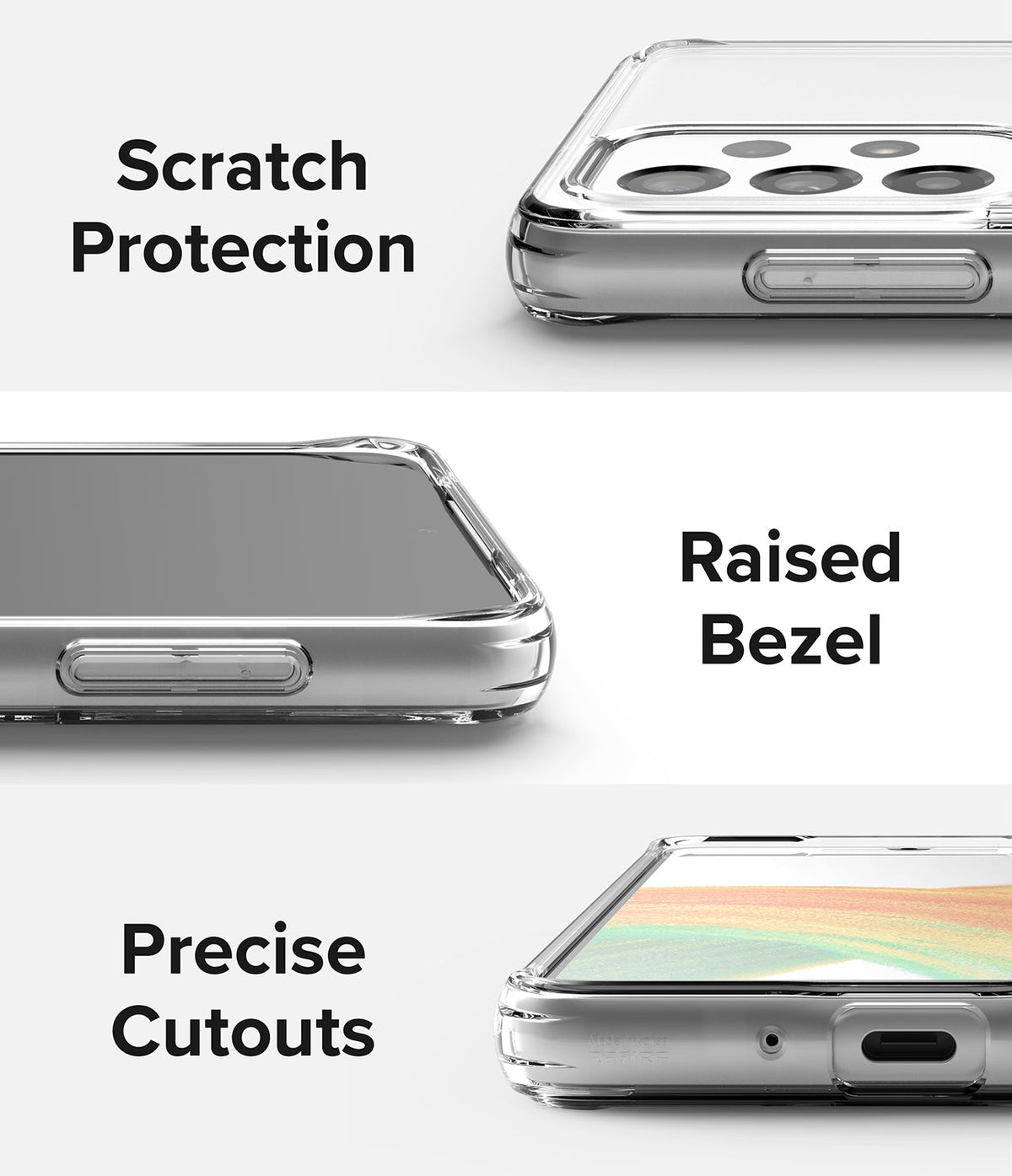 Galaxy A33 5G Case | Fusion - Three close-up views of a clear phone case highlighting scratch protection, raised bezels, and cutouts.