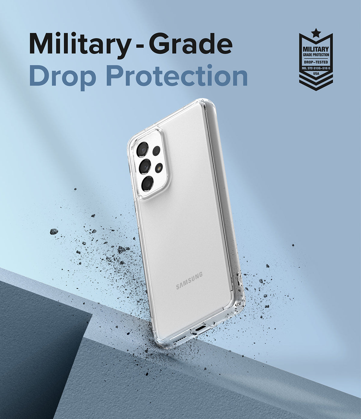 Galaxy A33 5G Case | Fusion - Clear phone case with military-grade drop protection badge against a blue background.