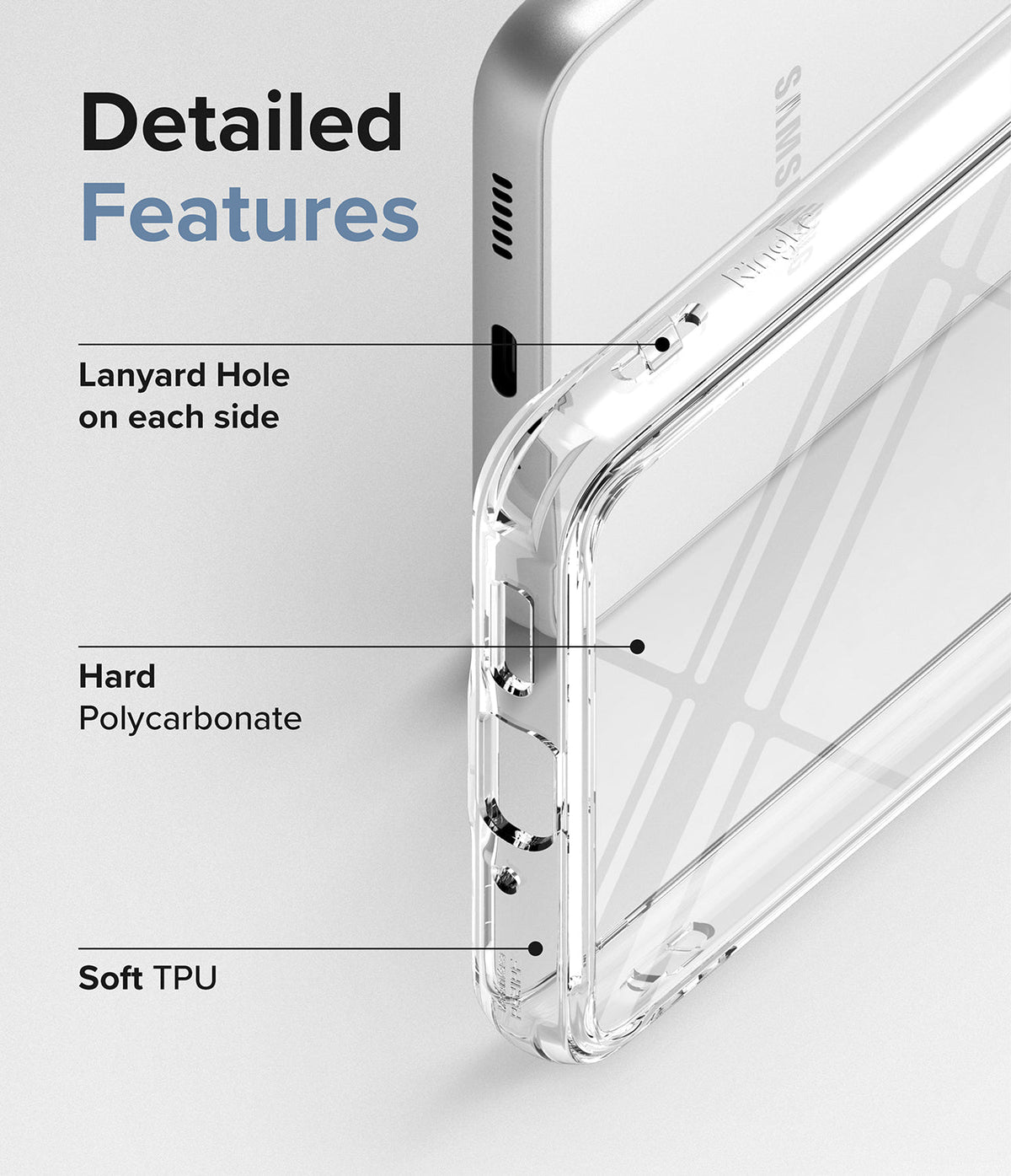 Galaxy A33 5G Case | Fusion - Close-up of clear phone case highlighting lanyard holes, polycarbonate back, and soft TPU frame.