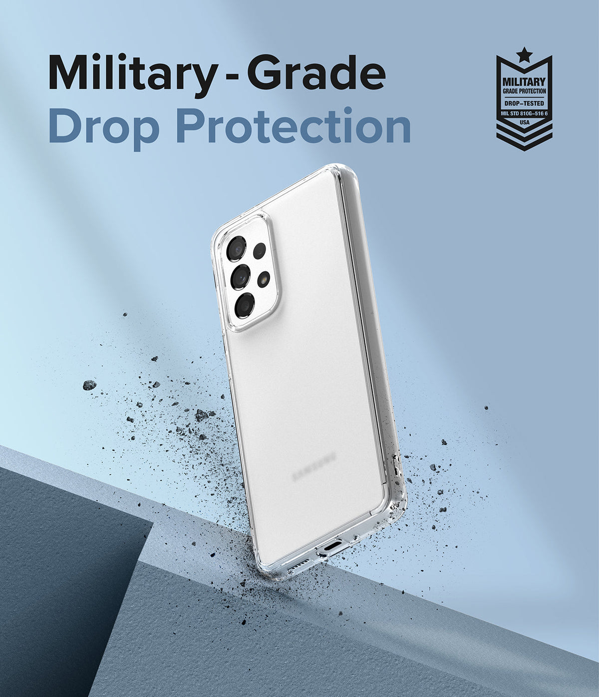 Galaxy A33 5G Case | Fusion - Clear phone case floating above a ledge with debris, highlighting military-grade drop protection.