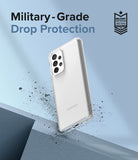 Galaxy A33 5G Case | Fusion - Clear phone case floating above a ledge with debris, highlighting military-grade drop protection.