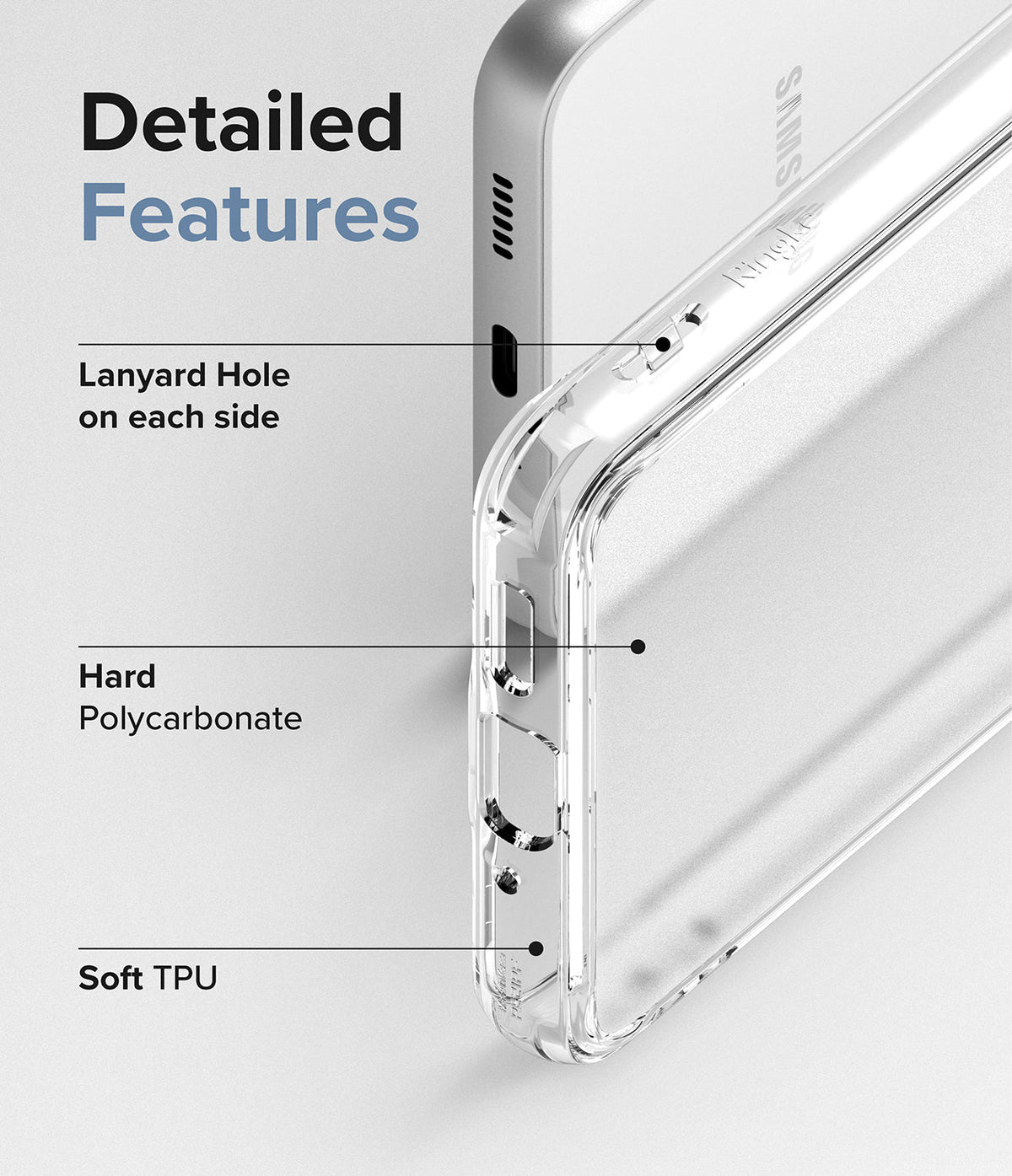 Galaxy A33 5G Case | Fusion - Close-up of clear phone case highlighting lanyard holes, polycarbonate back, and TPU bumper.