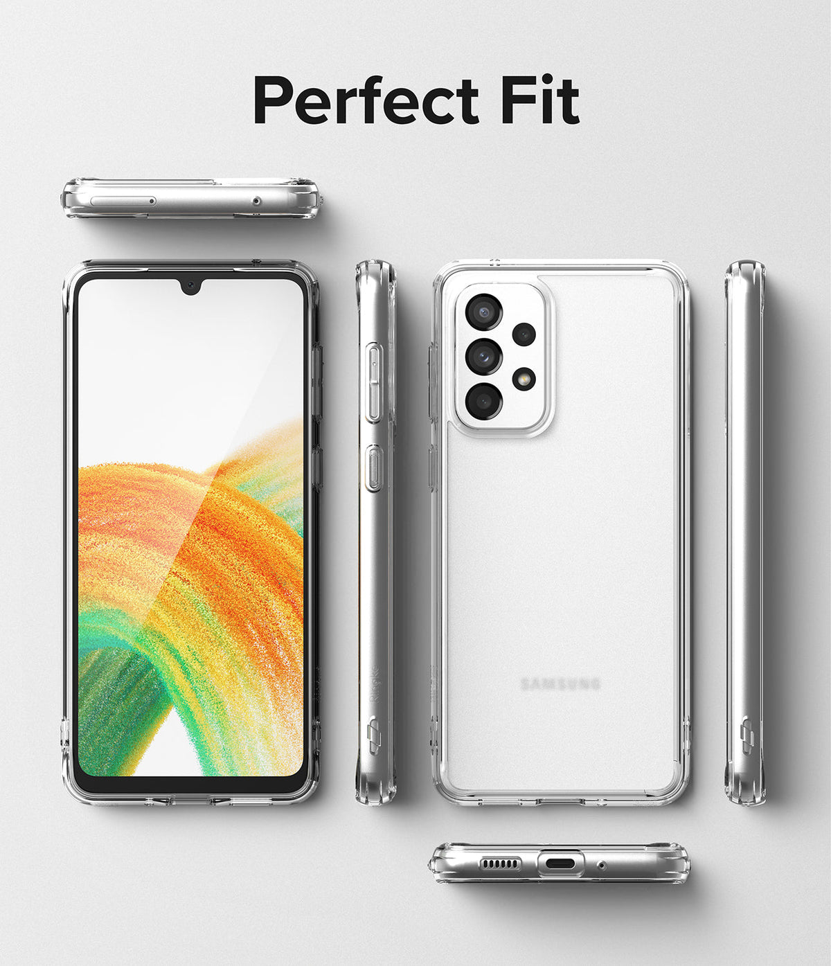 Galaxy A33 5G Case | Fusion - Multiple views of a clear phone case on a Samsung Galaxy A33 5G against a gray background.