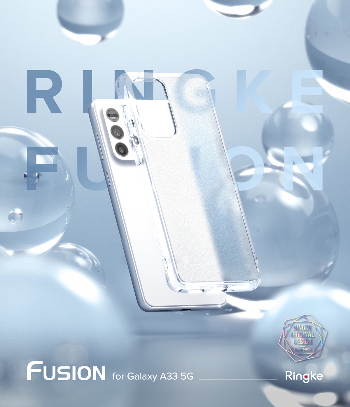 Galaxy A33 5G Case | Fusion - Clear phone case floating against a light blue background with translucent bubbles.