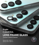 Galaxy A14/A24/A34 Camera Lens Protector | Camera Lens Frame Glass - Galaxy A14/A24/A34 Camera Lens Protector - Black lens frame glass protectors applied to light blue smartphone cameras.