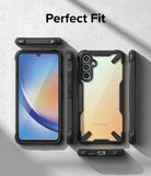 Galaxy A34 Case | Fusion-X - Multiple views of a Galaxy A34 in a black Fusion-X protective case on a textured gray surface.