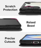 Galaxy A34 Case | Fusion-X - Close-ups showing scratch protection, raised screen bezels, and precise port cutouts on a black case.