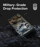 Galaxy A34 Case | Fusion-X - A rugged phone case on dark, rocky terrain with a military-grade drop protection badge.