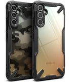 Galaxy A34 Case | Fusion-X - Two rugged black phone cases, one with camo pattern and one clear, showing triple camera cutouts.