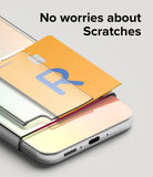 Galaxy A34 Case | Fusion Card - A credit card sliding into a clear protective phone case with text No worries about Scratches.