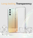 Galaxy A34 Case | Fusion - A clear phone case next to a gradient Samsung phone surrounded by ice cubes on a light background.