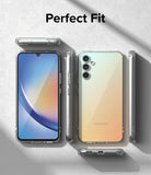 Galaxy A34 Case | Fusion - Clear phone case shown from multiple angles on a textured gray background with Perfect Fit text.