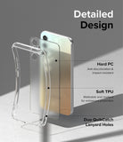 Galaxy A34 Case | Fusion - Exploded view of a clear phone case highlighting hard PC, soft TPU, and lanyard holes.
