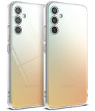 Galaxy A34 Case | Fusion - Two Samsung Galaxy A34 phones in clear protective cases with a gradient green-to-gold back.