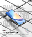 Galaxy A34 5G Screen Protector | Full Cover Glass - Galaxy A34 5G Screen Protector - Tempered glass screen protector hovering over a Galaxy A34 5G phone on a white background.