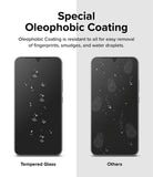 Galaxy A34 5G Screen Protector | Full Cover Glass - Galaxy A34 5G Screen Protector - Comparison showing water droplets beading on tempered glass versus smudges on standard glass.
