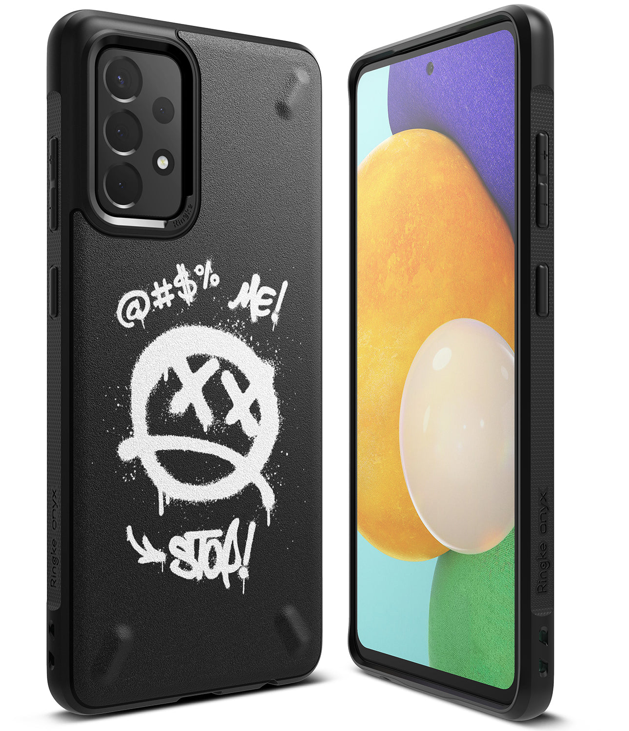 Galaxy A52 5G / 4G Case | Onyx Design - Black phone case with white graffiti-style "STOP!" and emoji graphic on back.