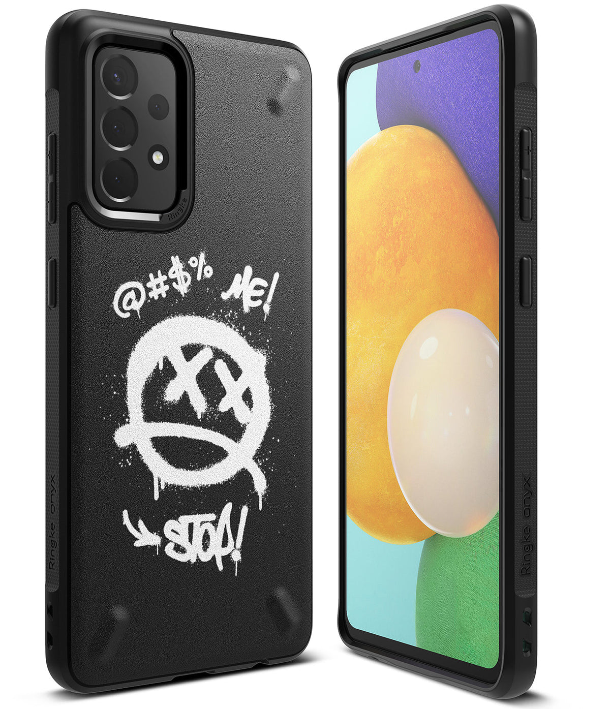 Galaxy A52 5G / 4G Case | Onyx Design - Black phone case with white graffiti-style "STOP!" and emoji graphic on back.
