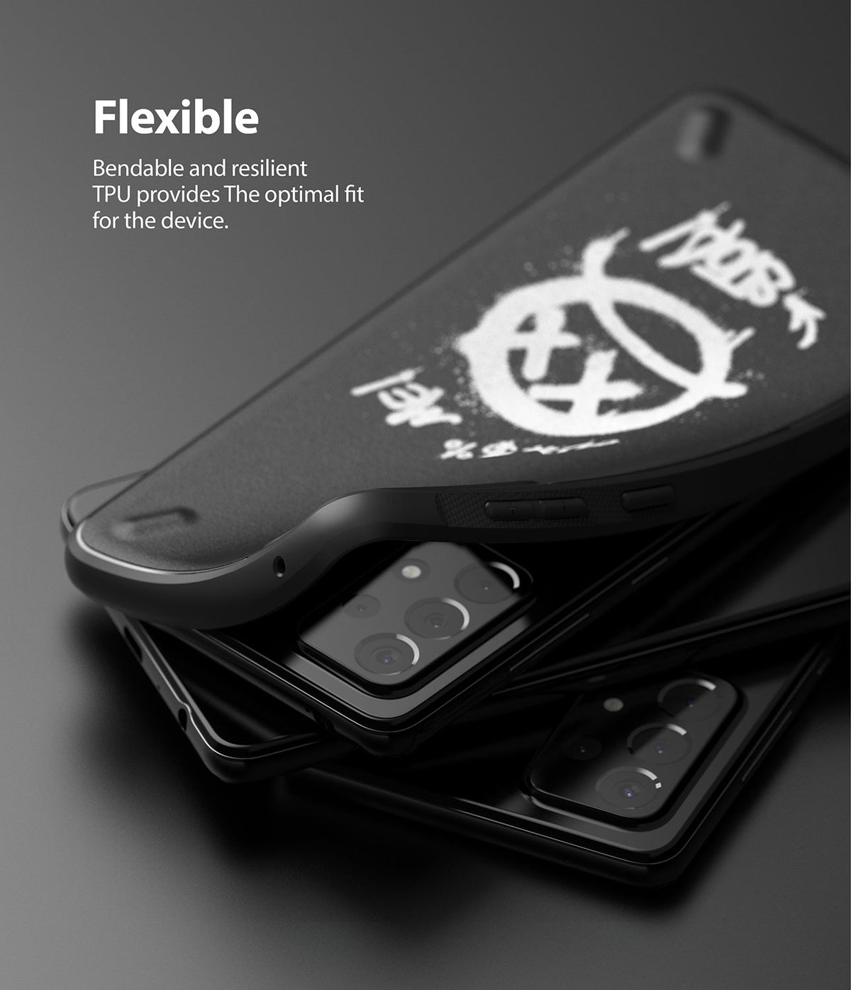 Galaxy A52 5G / 4G Case | Onyx Design - A flexible black phone case with a white graffiti logo being placed onto a phone.