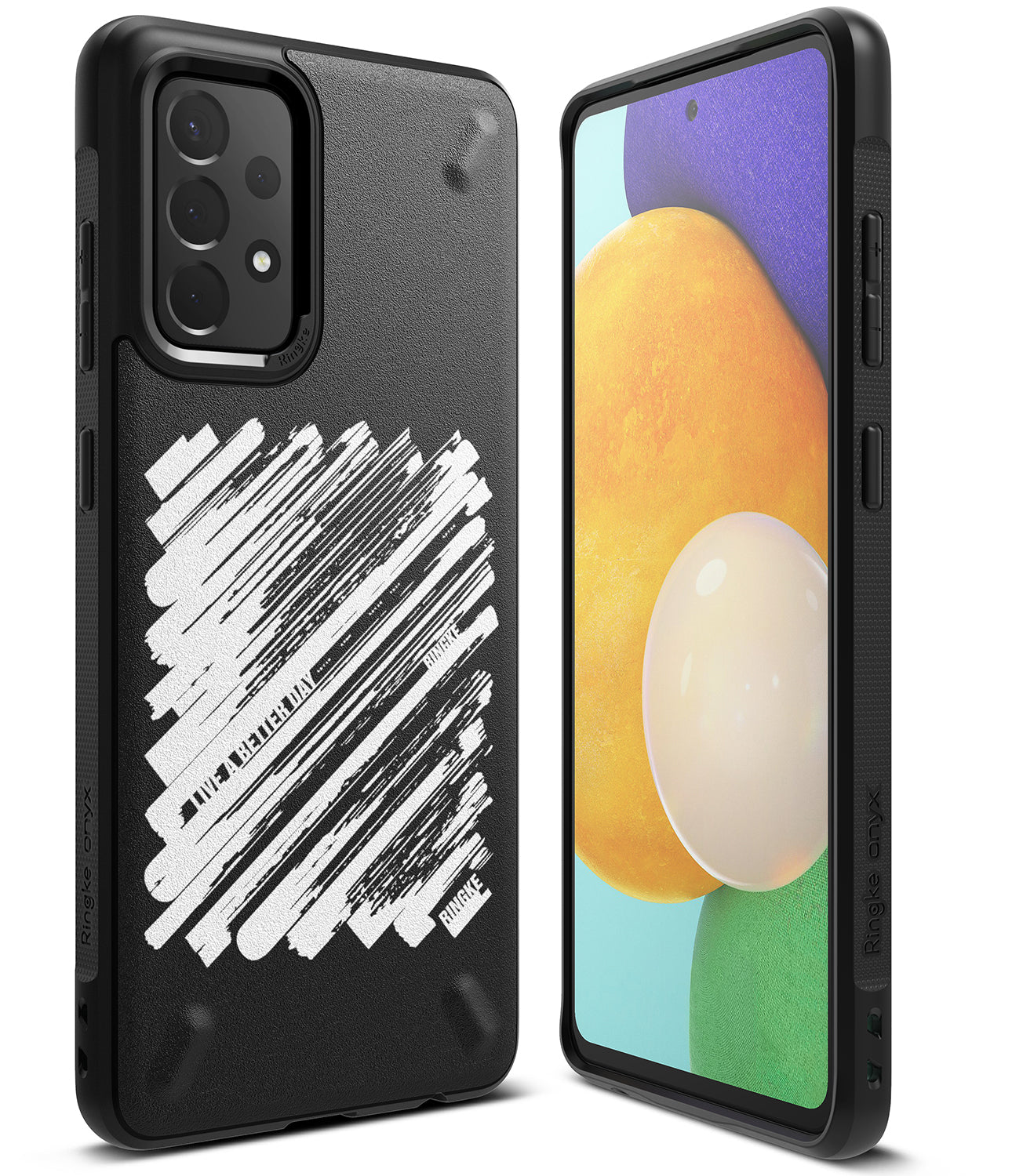 Galaxy A52 5G / 4G Case | Onyx Design - Black phone case with white brushstroke art and text on the back, shown with phone front.