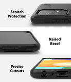 Galaxy A52 5G / 4G Case | Onyx Design - Three close-up views showing camera protection, raised screen bezels, and precise port cutouts.