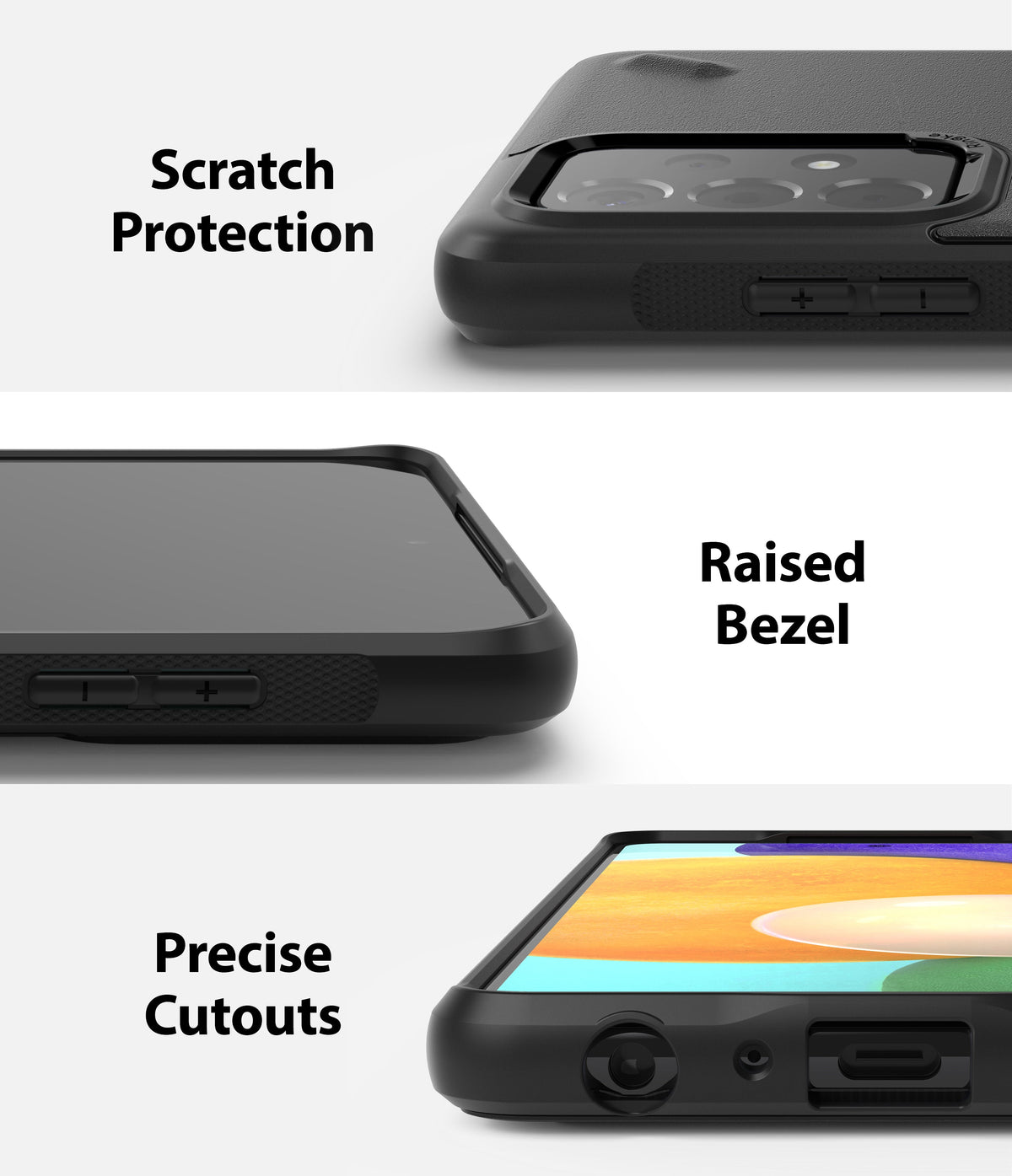 Galaxy A52 5G / 4G Case | Onyx Design - Three close-up views showing camera protection, raised screen bezels, and precise port cutouts.