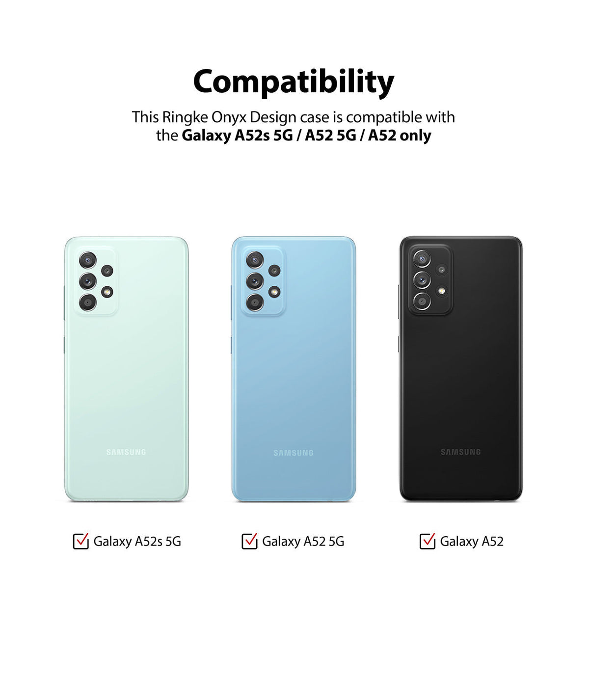 Galaxy A52 5G / 4G Case | Onyx Design - Three Samsung Galaxy phones in mint, blue, and black shown for compatibility.