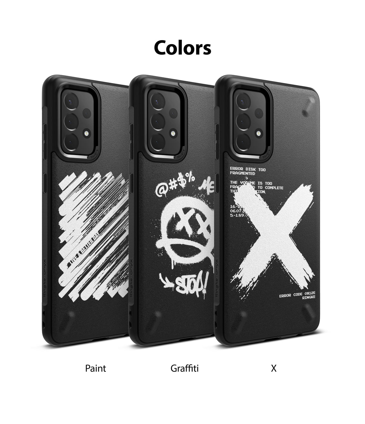 Galaxy A52 5G / 4G Case | Onyx Design - Three black phone cases with white Paint, Graffiti, and X graphic designs.