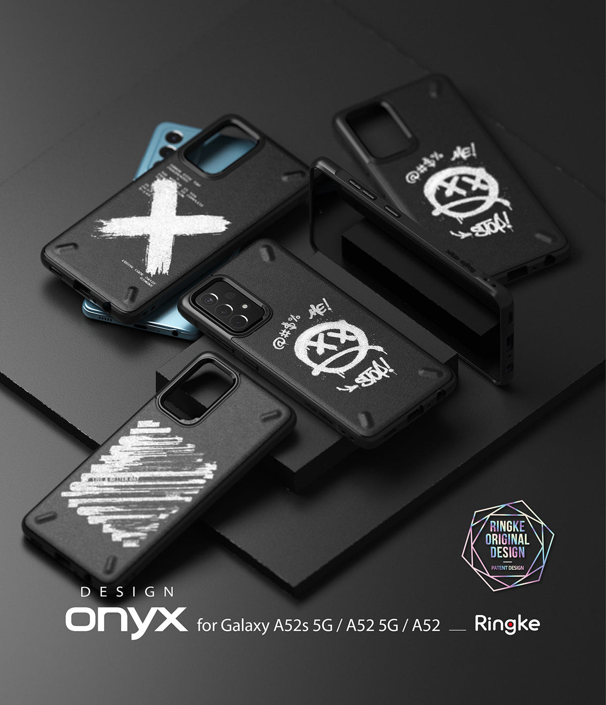 Galaxy A52 5G / 4G Case | Onyx Design - Black phone cases with white graffiti-style graphics arranged on a dark surface.