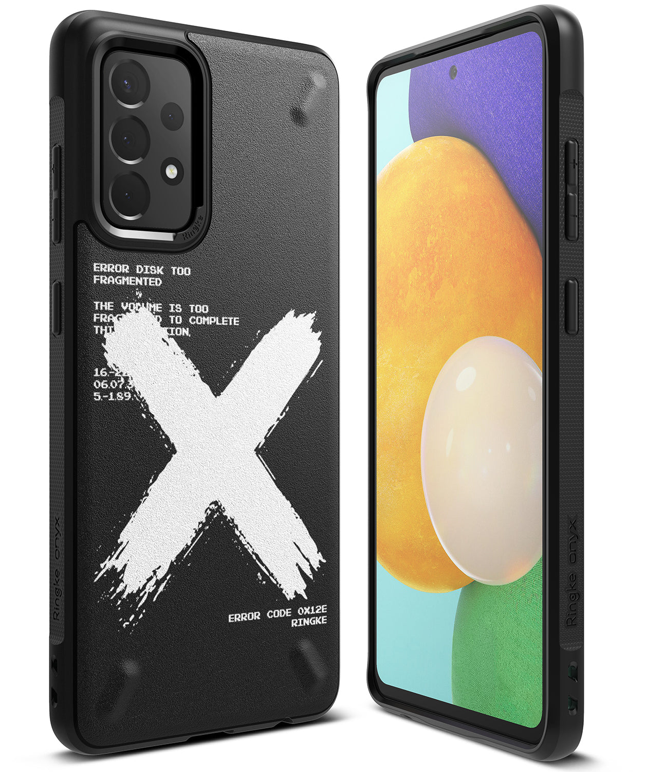 Galaxy A52 5G / 4G Case | Onyx Design - Black phone case with white X graphic and error text, shown from back and front.