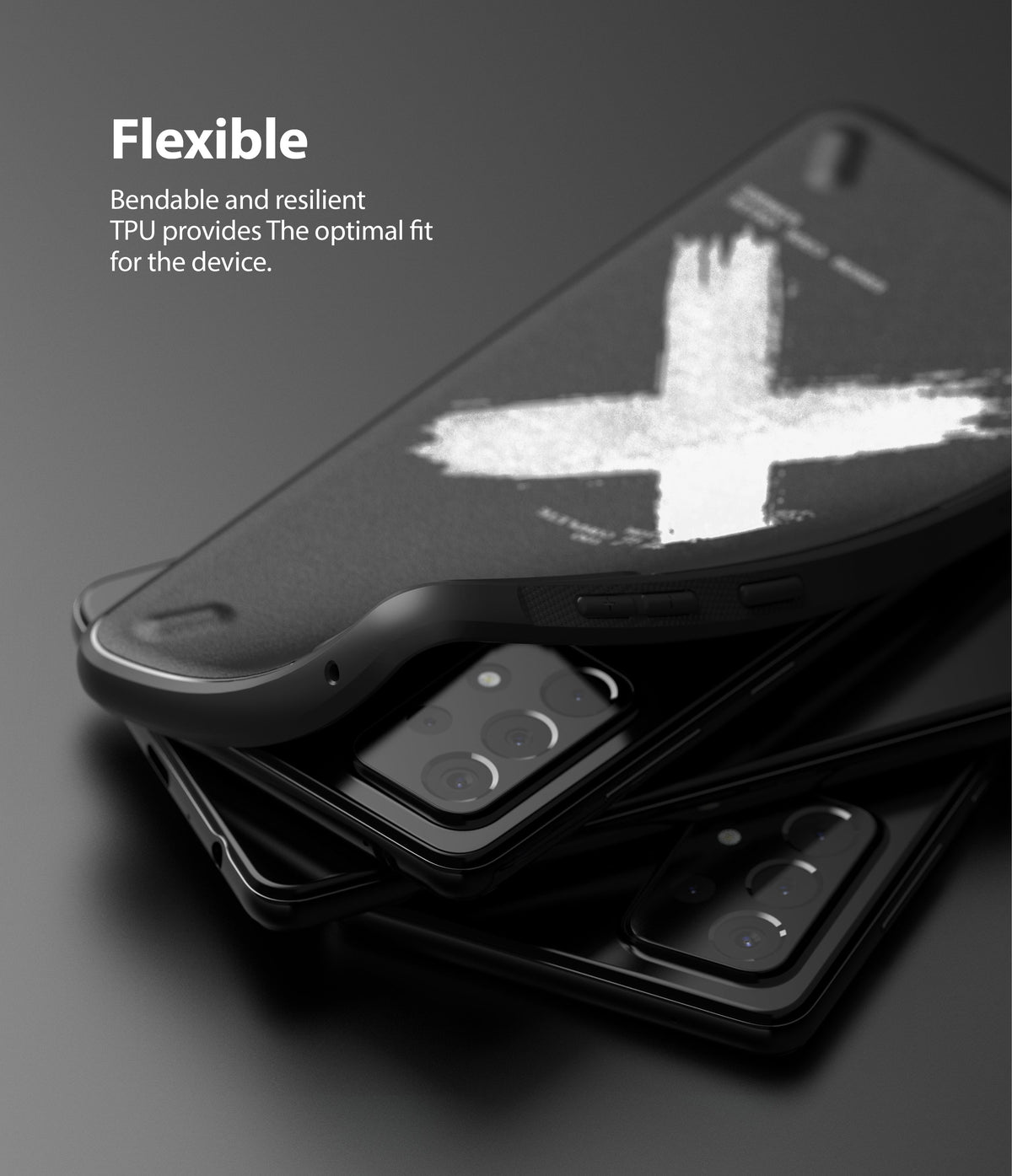 Galaxy A52 5G / 4G Case | Onyx Design - A flexible black phone case with a white X design being placed onto a smartphone.