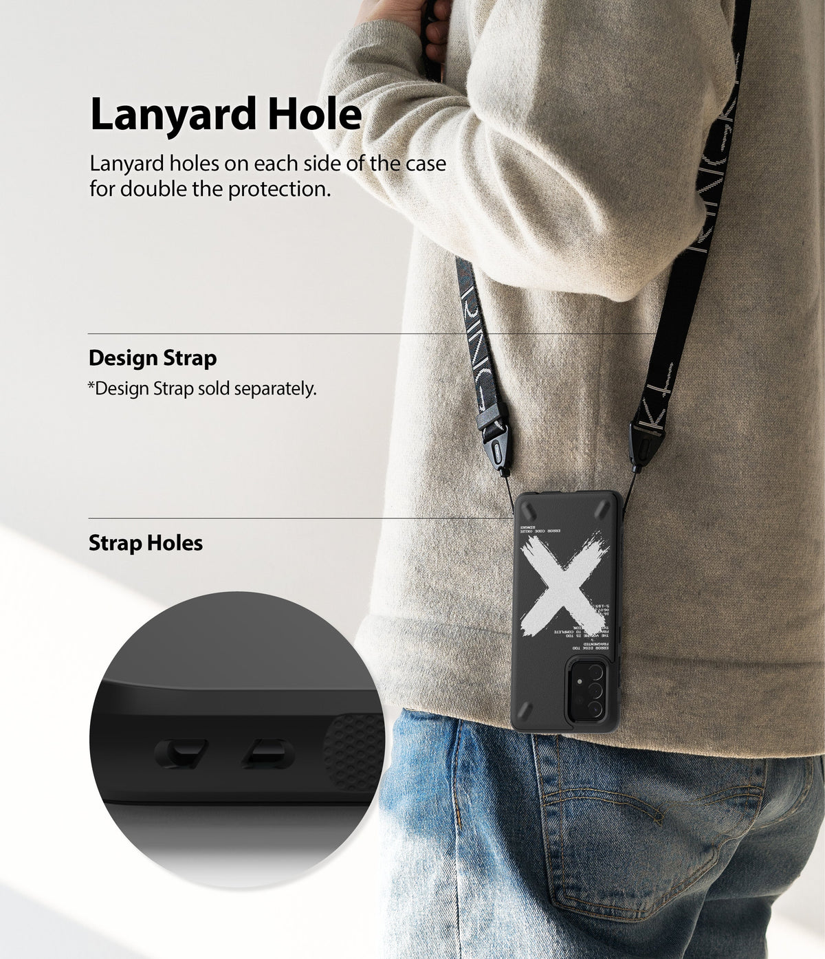 Galaxy A52 5G / 4G Case | Onyx Design - Phone case with lanyard holes worn on a strap, featuring a close-up of the dual ports.