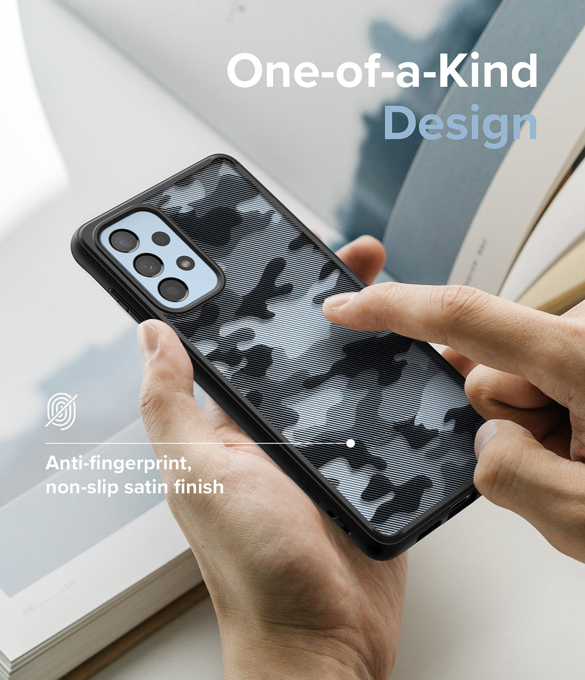 Galaxy A53 5G Case | Fusion - Hands holding a phone case with a black and white striped camouflage pattern and satin finish.