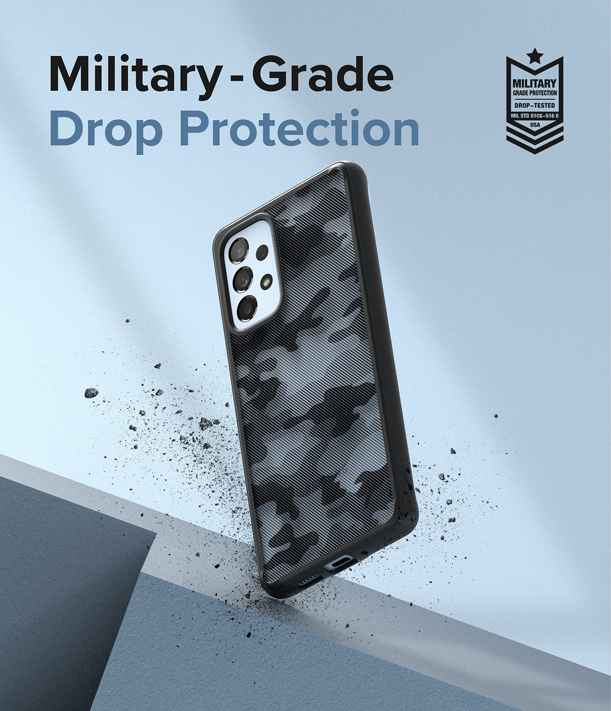 Galaxy A53 5G Case | Fusion - Camo-patterned phone case floating with debris, featuring military-grade drop protection text.