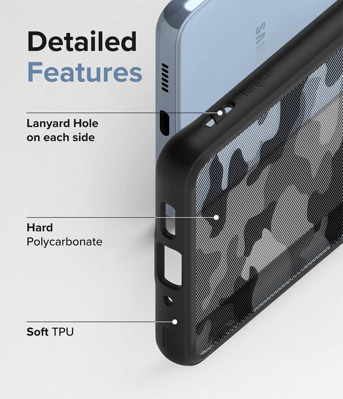 Galaxy A53 5G Case | Fusion - Close-up of phone case highlighting lanyard holes, hard polycarbonate back, and soft TPU frame.