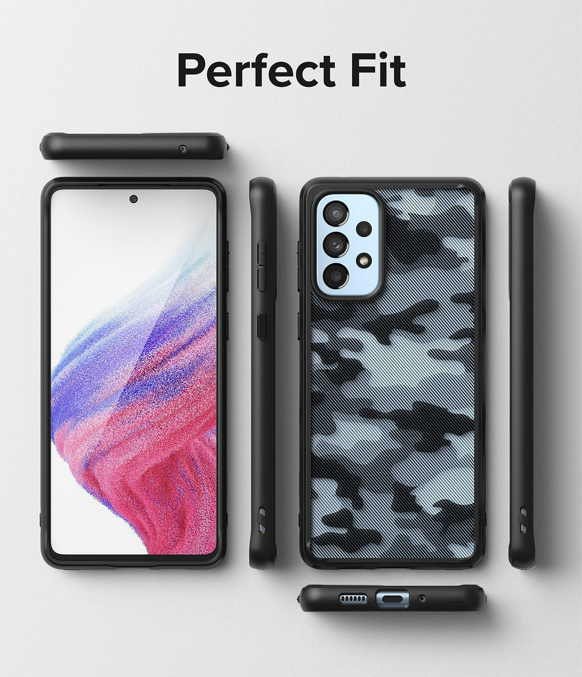 Galaxy A53 5G Case | Fusion - Black camouflage phone case shown from multiple angles with a phone screen display.