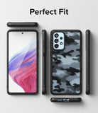 Galaxy A53 5G Case | Fusion - Black camouflage phone case shown from multiple angles with a phone screen display.