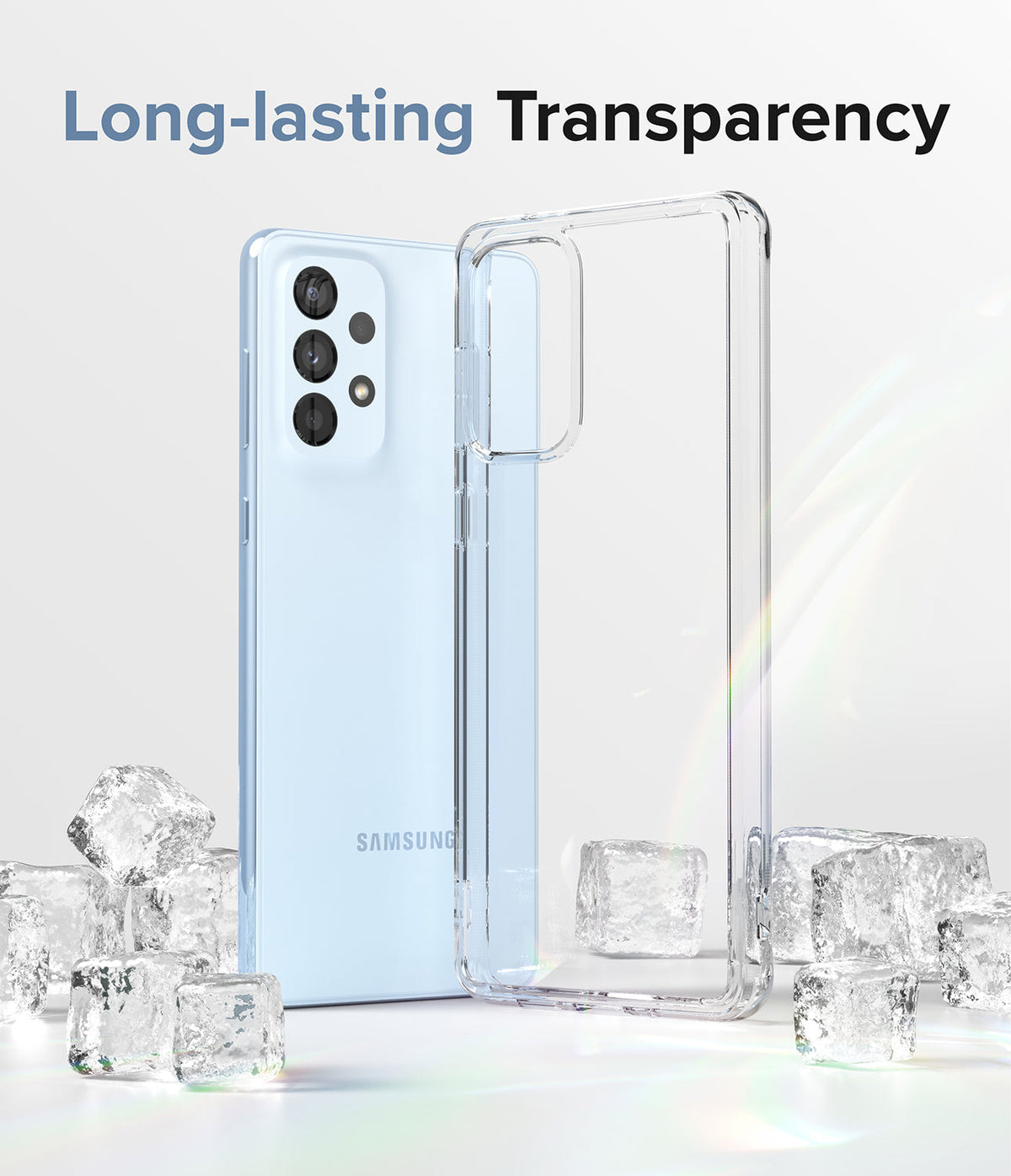 Galaxy A53 5G Case | Fusion - Light blue phone and clear protective case standing among ice cubes with text overlay.