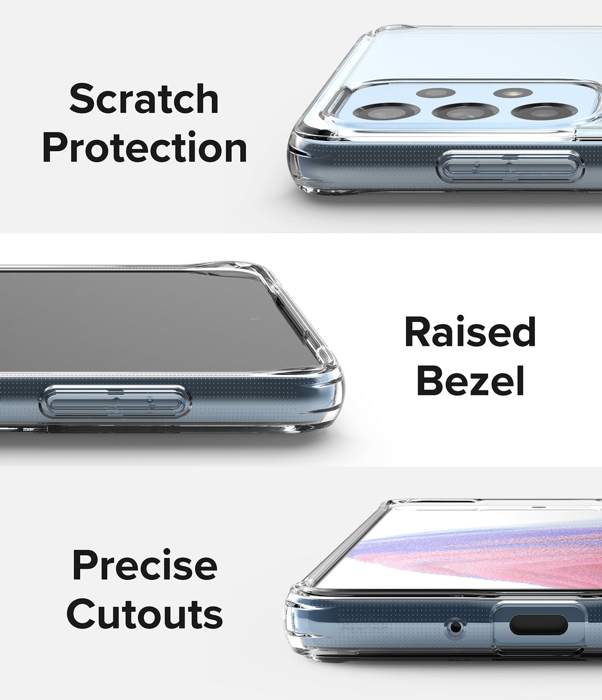 Galaxy A53 5G Case | Fusion - Three close-up views of a clear phone case highlighting scratch protection, raised bezels, and cutouts.
