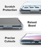 Galaxy A53 5G Case | Fusion - Three close-up views of a clear phone case highlighting scratch protection, raised bezels, and cutouts.