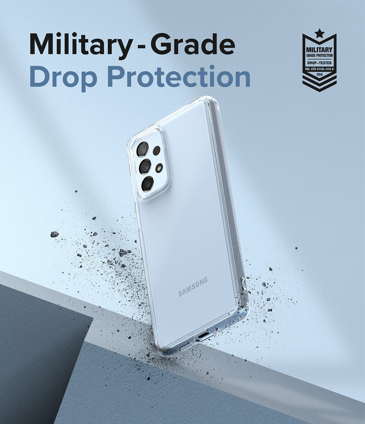 Galaxy A53 5G Case | Fusion - Clear phone case on a Galaxy A53 with military-grade drop protection text and badge.