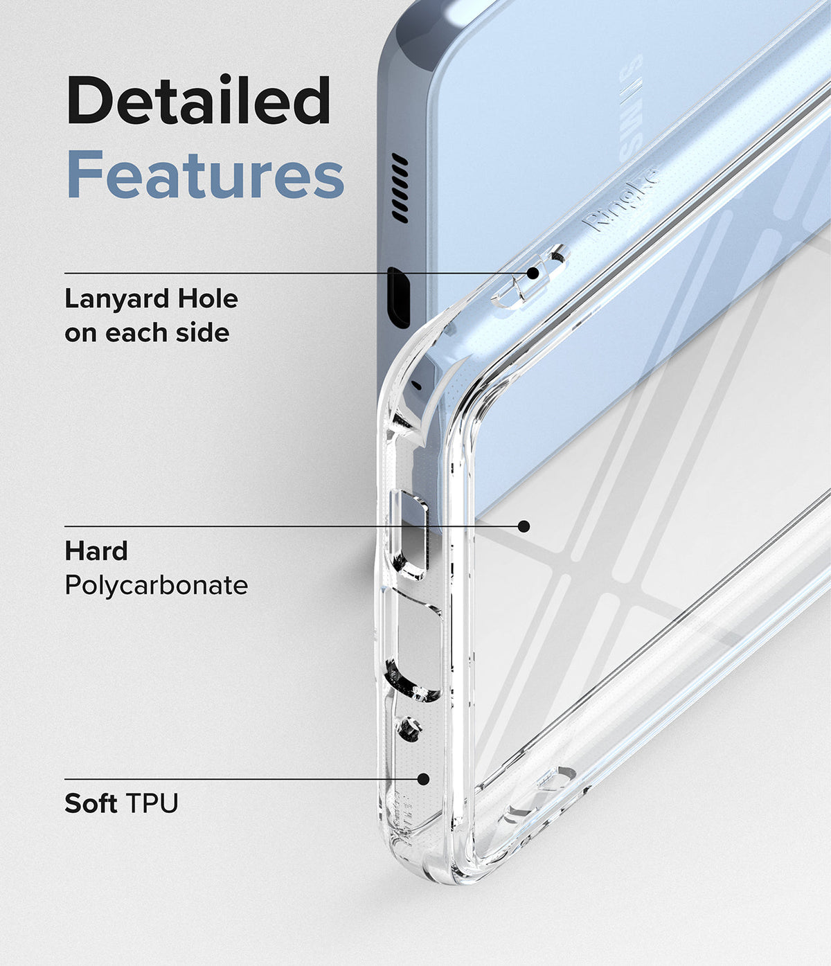 Galaxy A53 5G Case | Fusion - Close-up of clear phone case highlighting lanyard holes, polycarbonate back, and soft TPU frame.