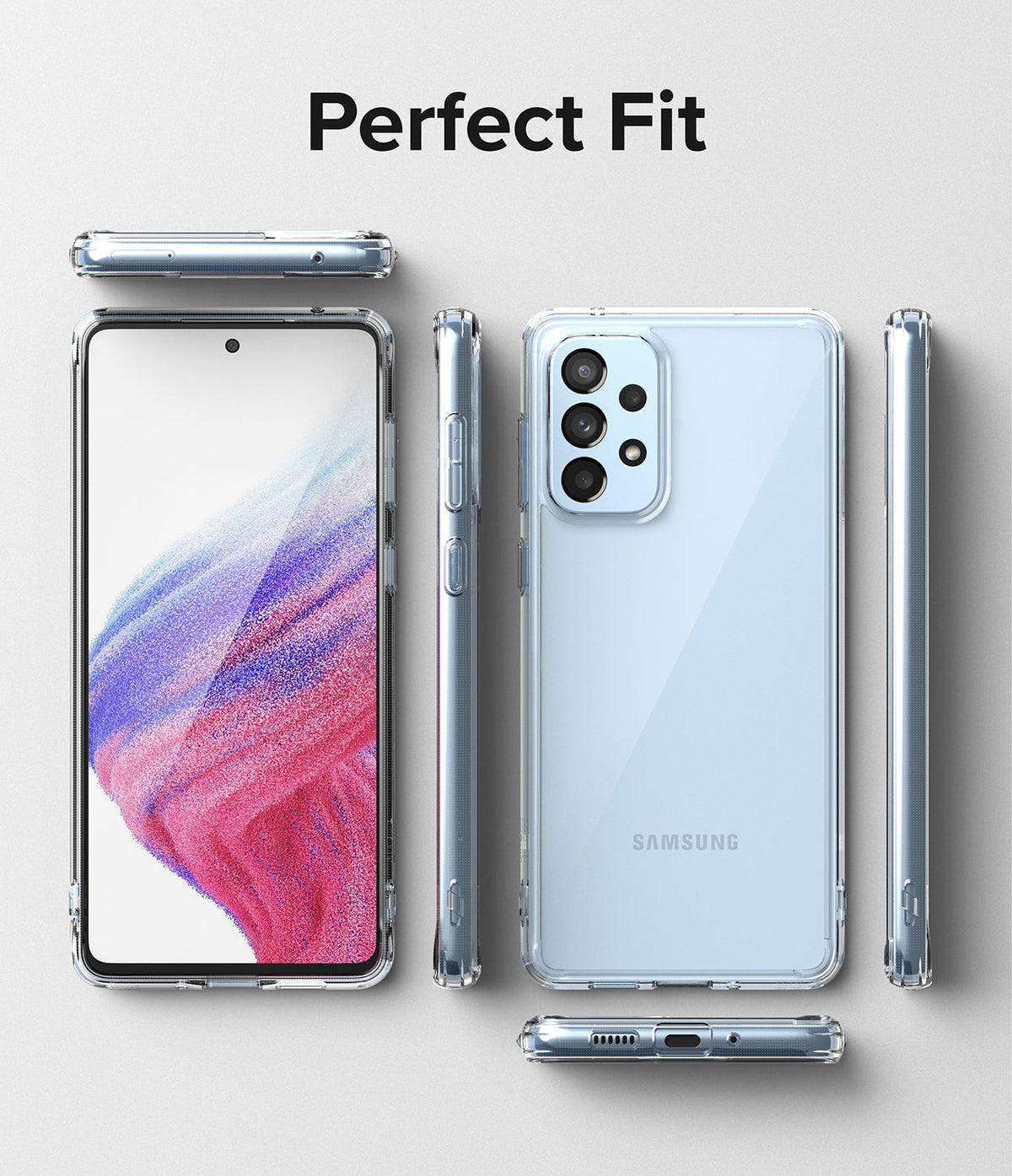 Galaxy A53 5G Case | Fusion - Clear protective case shown from multiple angles on a light blue Samsung Galaxy A53 5G.