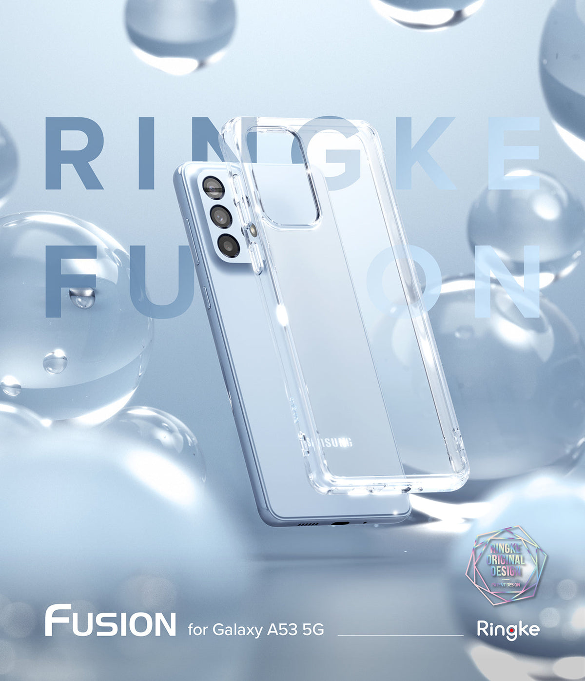 Galaxy A53 5G Case | Fusion - Clear phone case floating above a light blue Galaxy A53 5G phone amidst glossy bubbles.