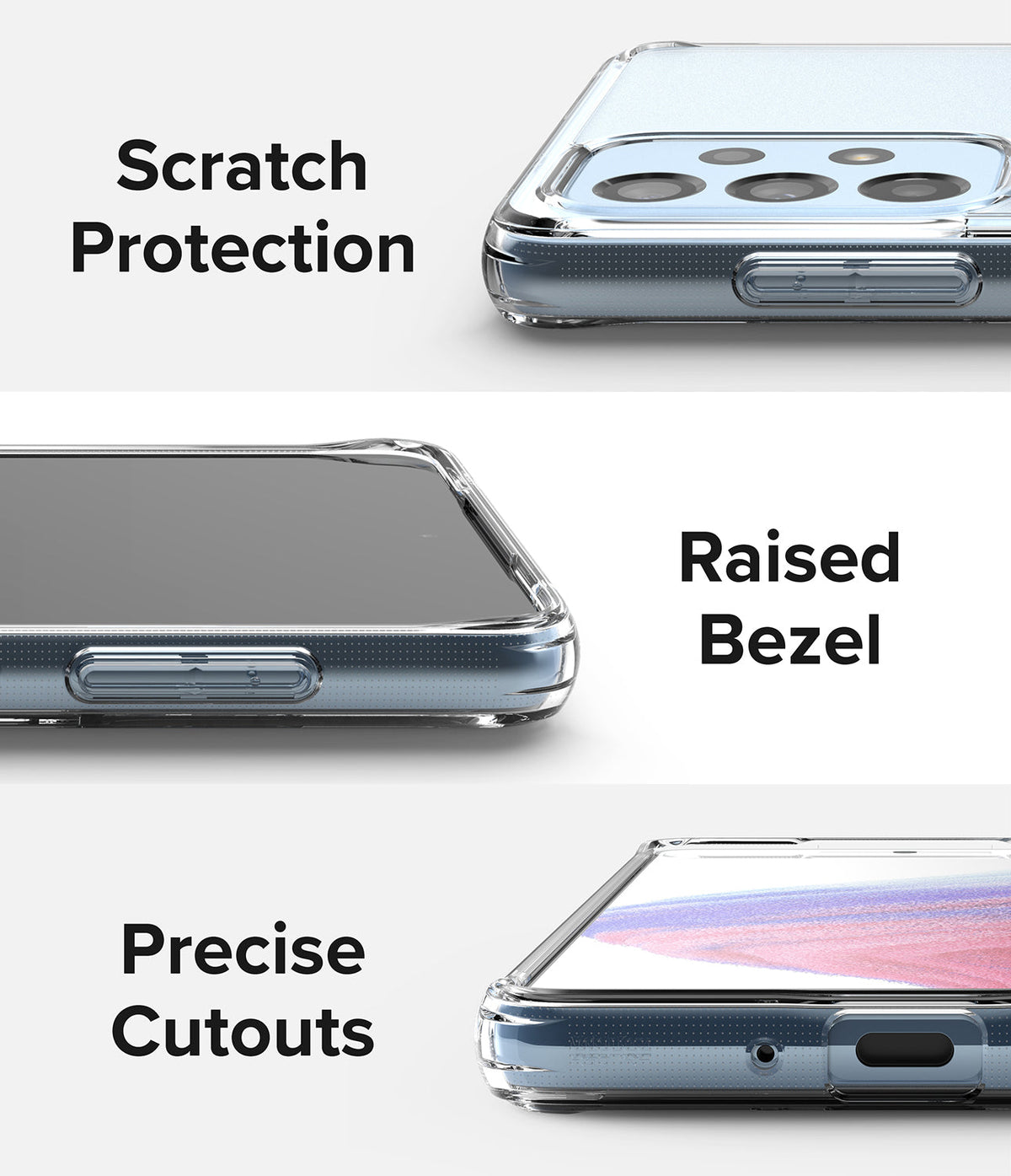 Galaxy A53 5G Case | Fusion - Three close-up views showing scratch protection, raised bezels, and precise port cutouts.